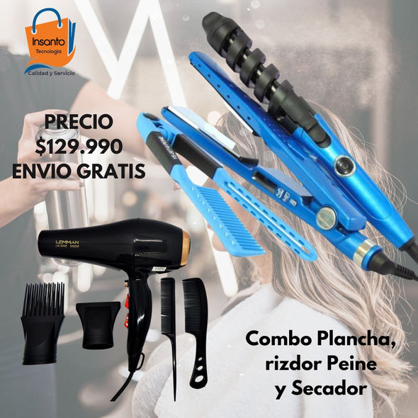 Combo Cabello Saludable 4 En 1 Plancha De Cabello, Rizador, Peine Y Secador.