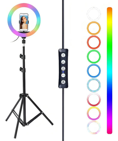 Aro De Luz LED RGB 26cm Con Trípode 2m Y Soporte Para Celular Fotografía Video Maquillaje