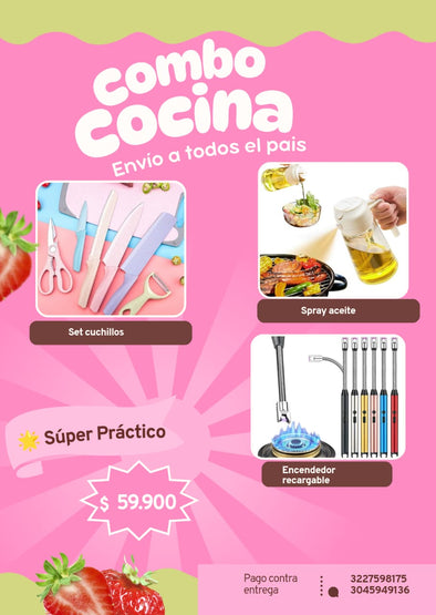 Kit de Cocina 3 en 1: Cuchillos, Spray de Aceite y Encendedor Recargable