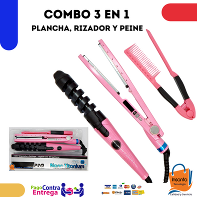 Alisado perfecto Combo Plancha Rizador y Peine Rosado