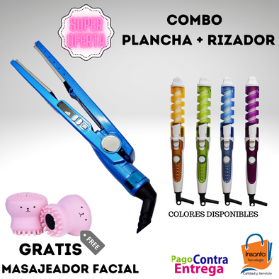 Super Combo Plancha + Rizador y GRATIS Masajeador facial